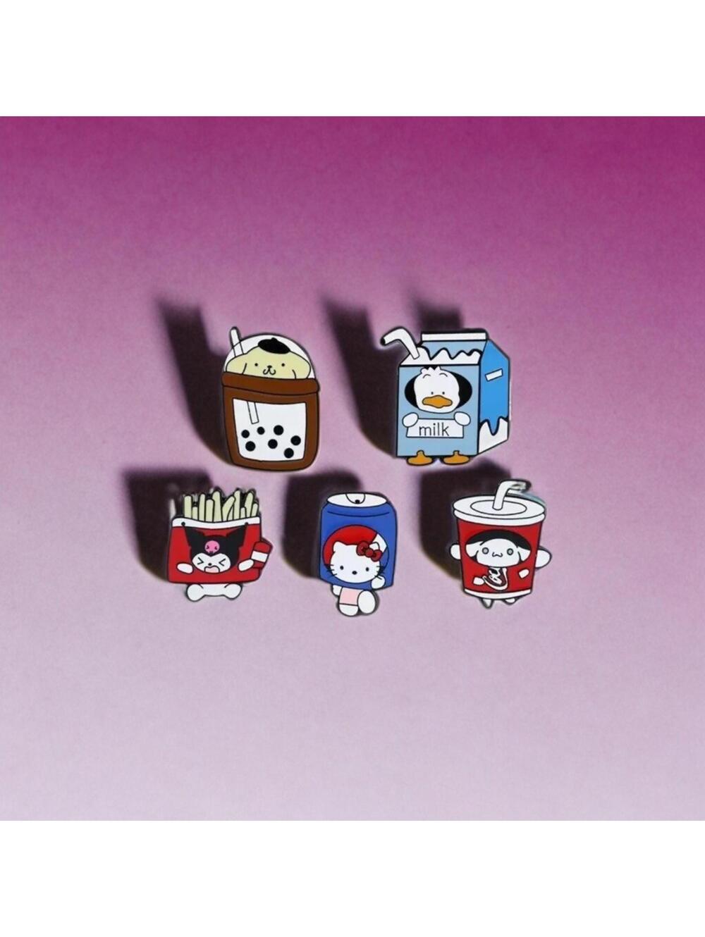 NWT Sanrio Pin SET, Junk Food Theme, Hello Kitty Kuromi Cinnamoroll Boba Milk